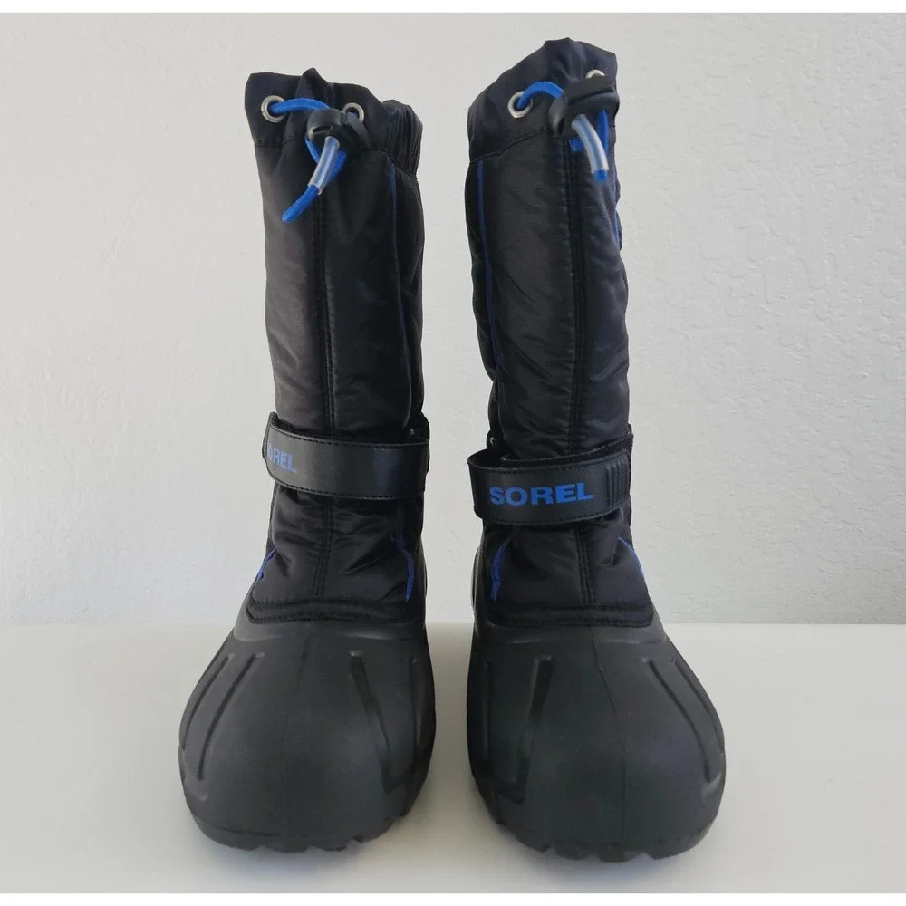 Sorel Flurry Snow Boots Youth 6 Black Blue Waterproof Warm Lining NY1810-010